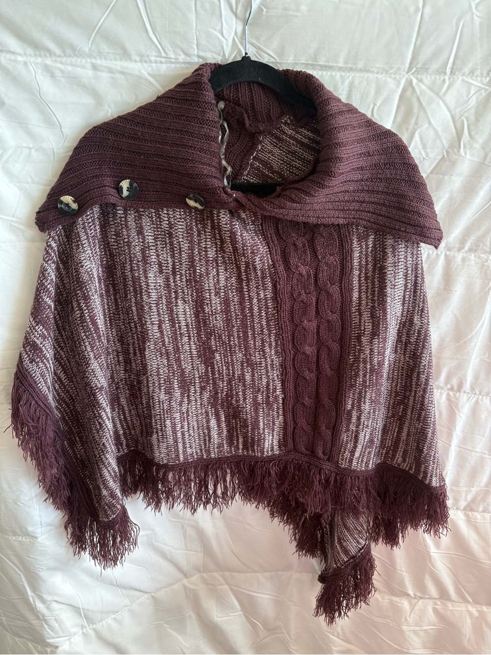 Marled Cable-Knit Fringe Poncho Cardigan - Plum